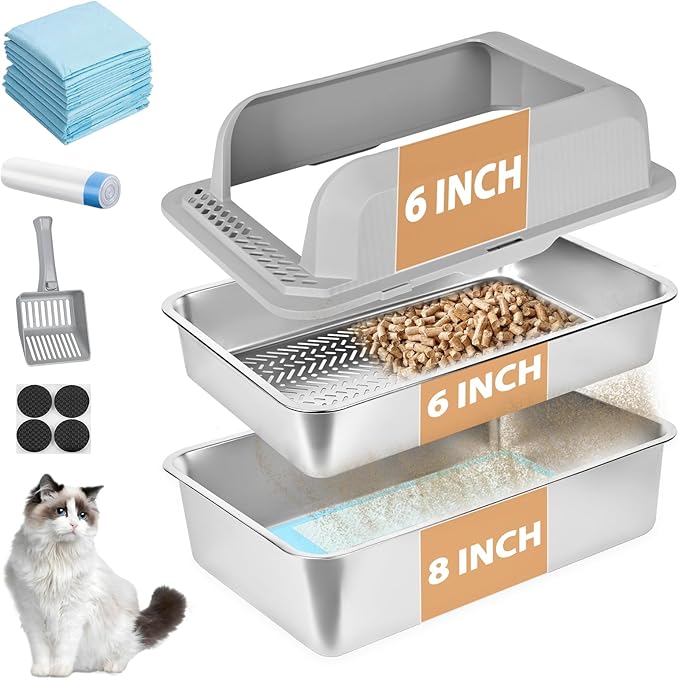 Homegroove Stainless Steel Sifting Litter Box for Pine Pellets, 23.6''x15.7''x14'' XXL Metal Cat Litter Box with Lid for Indoor Cats Pellet Sifter Litter Pan with Plastic Scoop &10 Urine Pads (8 Inch)