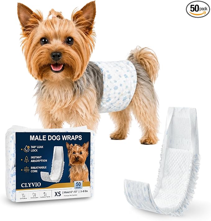 Dog Diapers Male XS, Disposable Wraps Belly Bands, 6-13", 50 Ct | 6-layer absorbent core · wetness indicator · soft fit · leak-resistant protection · for teacup, toy breeds & puppies