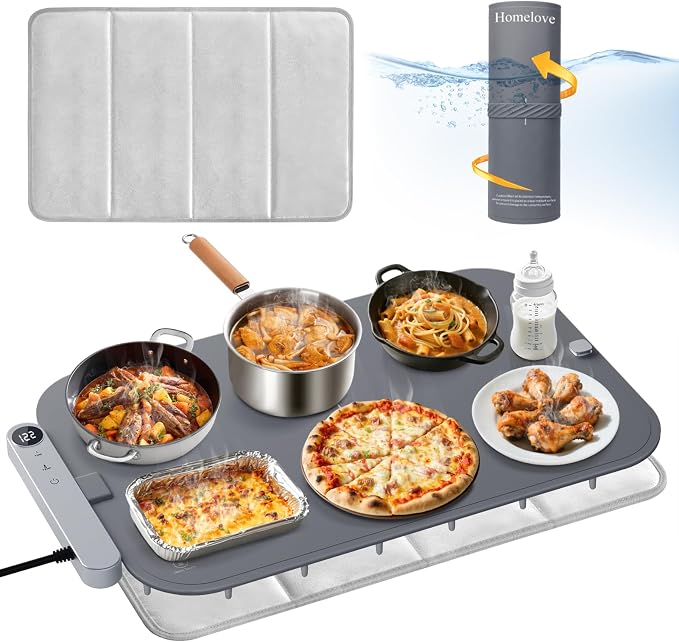 Homelove Warming Mat for Food - Electric Warming Tray with 6-Level Temperature and Hours Setting, Full Surface Graphene Heating, Waterproof Dishwasher-Friendly Food Warmer for Parties, Kitchen (Grey)