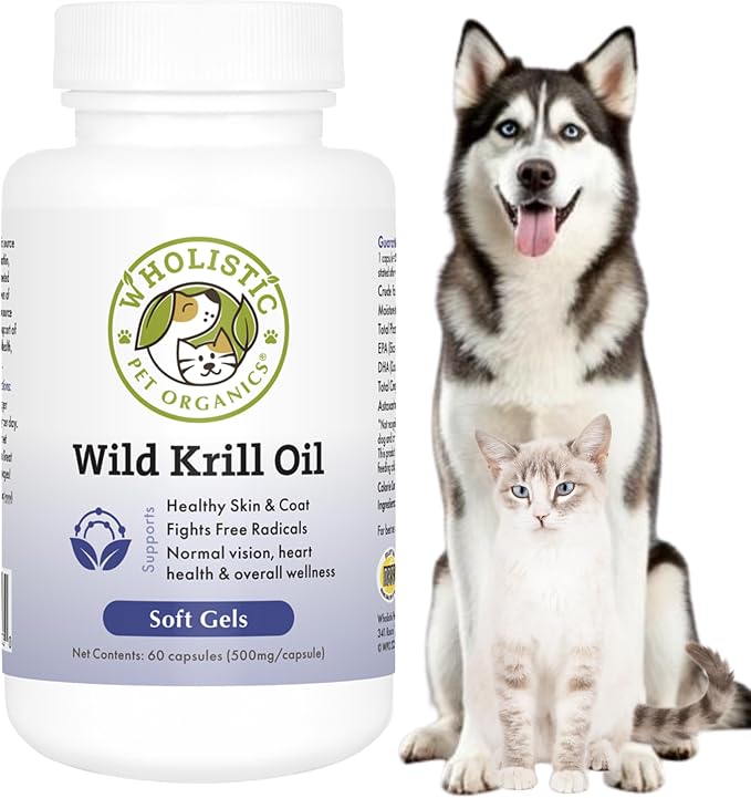 Wholistic Pet Organics Krill Oil for Dogs and Cats - Premium Antioxidant Support for Pets - Cat and Dog Skin and Coat Supplement with EPA, DHA, Astaxanthin - Omega 3 for Dogs and Cats - 60 Soft Gels
