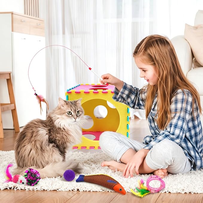 Interactive Cat Toys for Indoor Cats, 39Pcs Kitten Toys with Feather Wand, Catnip Toys, Cat Balls, Springs and Silvervine Sticks for Bored Cats