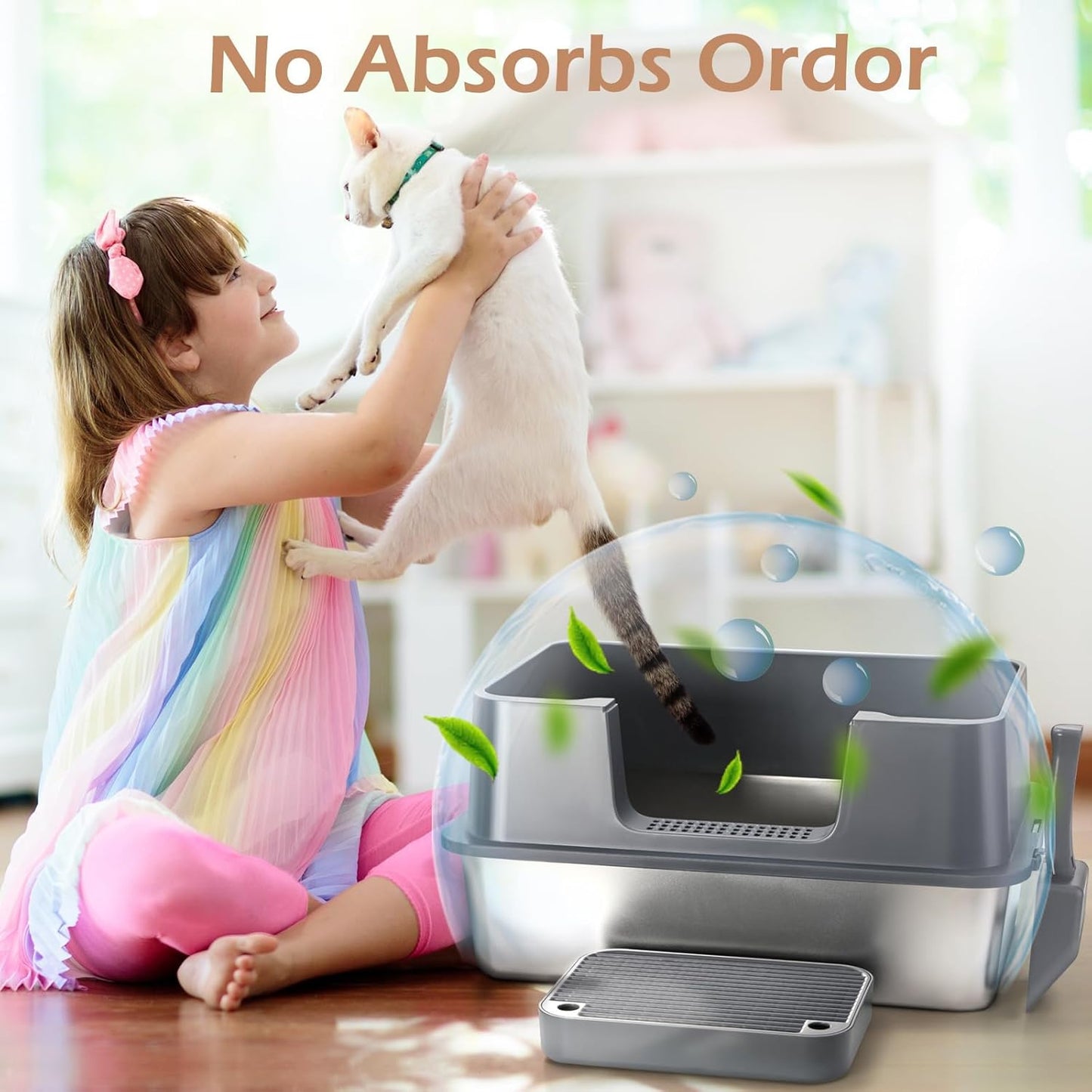 XL Stainless Steel Cat Litter Box with Lid – High Sides, Leak-Proof, Non-Stick Metal Litter Box for Large Cats – Easy to Clean, Includes Filter Pedal, Scoop & Cleaning Brush