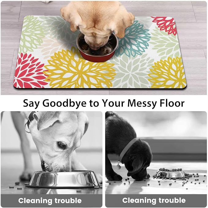 Dog Food Mats for Floors, Absorbent and Quick-Drying Pet Cat Food Mat,Anti-Fouling and Easy-to-Clean Pet Feeding Mat,Dog Bowl Mat for Messy Drinking Water Bowls.17x27, Bohemia Dahlia Floral Style