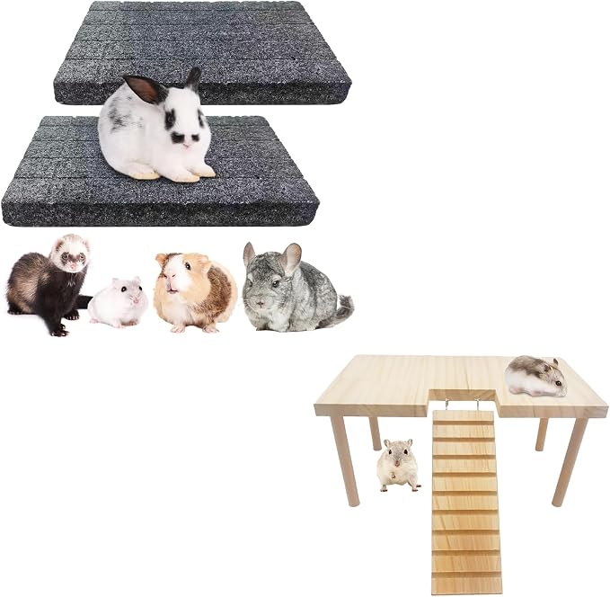 BNOSDM 2Pcs Black Rabbit Grinding Claw Pads 2Pack Bunny Scratch Foot Pads and Large Hamster Play Wooden Platform with Ladder Small Animal Standing Platform Mouse Squirrel Gerbil Guinea Pig