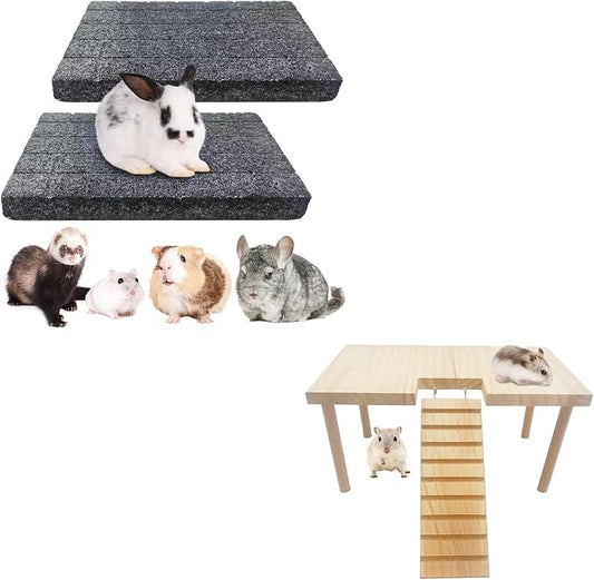 BNOSDM 2Pcs Black Rabbit Grinding Claw Pads 2Pack Bunny Scratch Foot Pads and Large Hamster Play Wooden Platform with Ladder Small Animal Standing Platform Mouse Squirrel Gerbil Guinea Pig