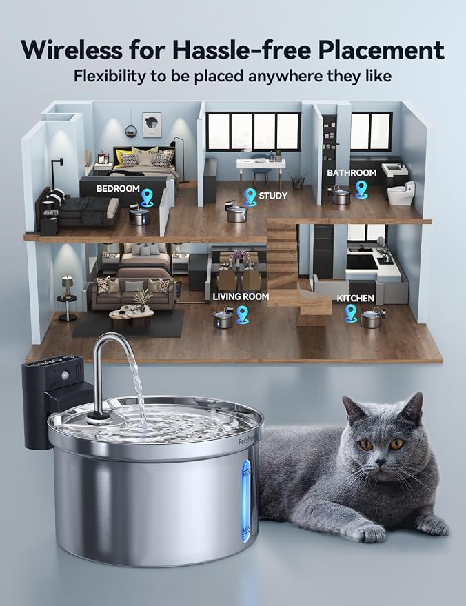 Wireless Stainless Steel Cat Water Fountain, 3.5L Pet Water Fountain for Cats/Dogs with 6 Pack Filter+6 Park Pump Filter Sponges Replacement