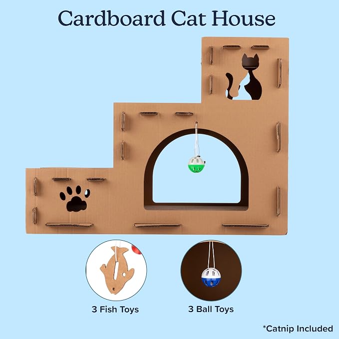 Cat House - Cardboard Cat House with Scratching Pads, Toys, and Catnip - 3-Story Cat Houses for Indoor Cats, Kittens and Small Animals by PETMAKER