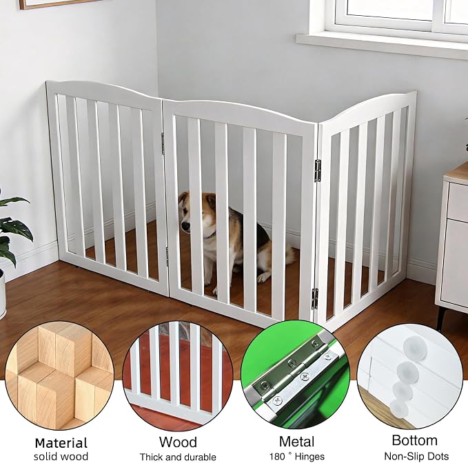 Freestanding Dog Gate Indoor,Doggie Gate Foldable Pet Gates for Doorways,Stairs or Hallways, Wooden White Pet Gate for the House, Pet Fence,32 "Height-3 Panels