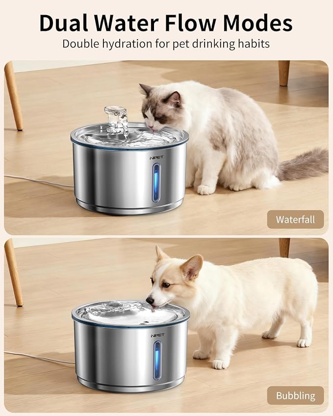 NPET Stainless Steel Cat Water Fountain, 1Gallon/135oz Automatic Pet Drinking Fountain Dog Water Dispenser with 4 Replacement Filters for Cats Indoor