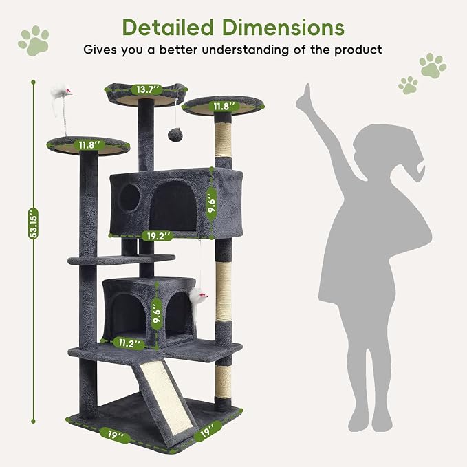 53-inch Cat Tree Tower for Indoor Cats,Cat Tree House Cat Furniture with Sisal Scratching Post,2 Cat Caves,Dangling Toys