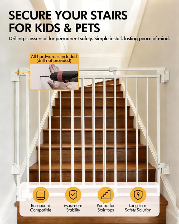 Extra Wide Baby Gate for Doorways 29" Tall Safety Gate for Kids&Pets,Pressure Mounted with Auto Close,Walk-Thru Metal Gate,Adjustable Width 26.4"-43",Indoor Pet Gate for Stairs & Hallways White