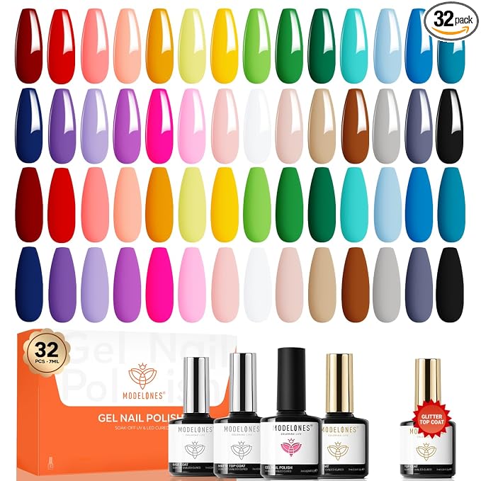 modelones 32 PCS Gel Nail Polish Set, 28 Colors Nude Red Green Blue Gel Polish with No Wipe Base Coat, Glitter & Glossy & Matte Top Coat Soak Off LED Nail Art Kit Salon at Home