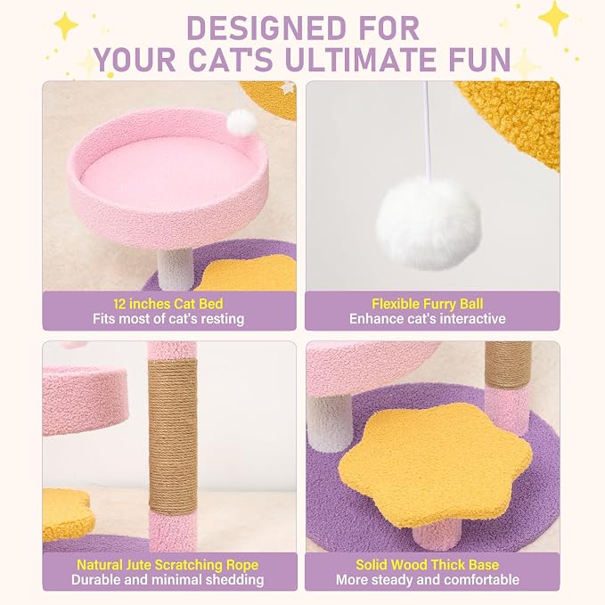 Small Cat Tree, Moon Star Cat Tree Built-in Scratching Post and Bed, 23.5 in Purple Pink Cute Kitten Tower Cozy Fluffy Kitten Condo for Indoor Activity