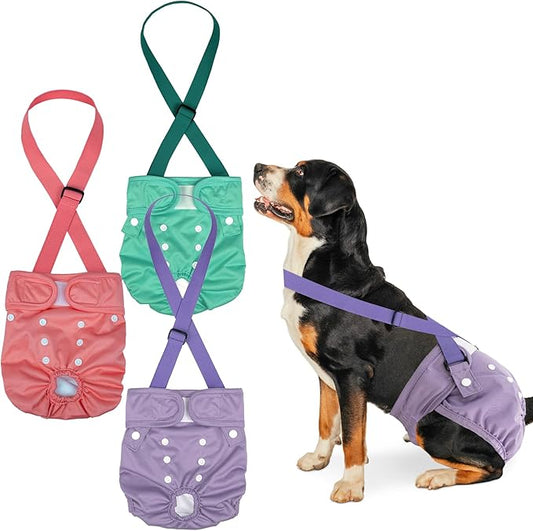 Pet Soft Dog Diapers Female with Suspenders, 3 Pack Reusable Female Dog Diapers for Heat, Dog Period Panties for Doggie in Cycle(Medium, Pinkycolor)