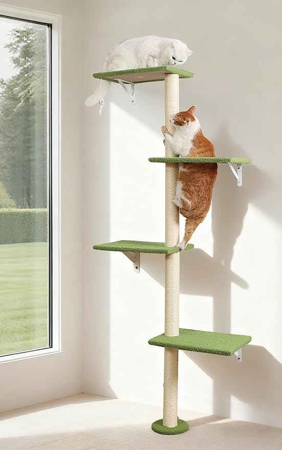 Cat Tree Wall Mounted,Tall Scratching Post for Indoor Cats Climbing Tower Activity Wood Cat Wall Furniture(Green)
