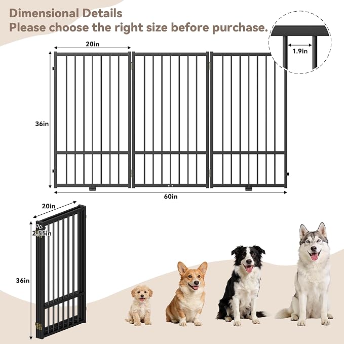 SNUOWU Full Metal Freestanding Dog Gate with Door, 36''Height Foldable Pet Dog Fence for Indoor & Outdoor, 3 Panels Extra Wide Free Standing TallDog Gates for Doorways,House,Stairs,Porch,Deck,Yard