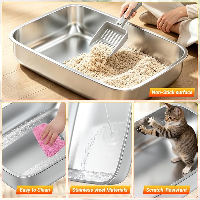 Stainless Steel Litter Box with Lid,Top Entry Litter Box, Extra Large Cat Litter Box,High Sided, Anti-Urine Leakage, Non-Stick Bottom Comes with Litter Mat & Metal Scoop,Grey