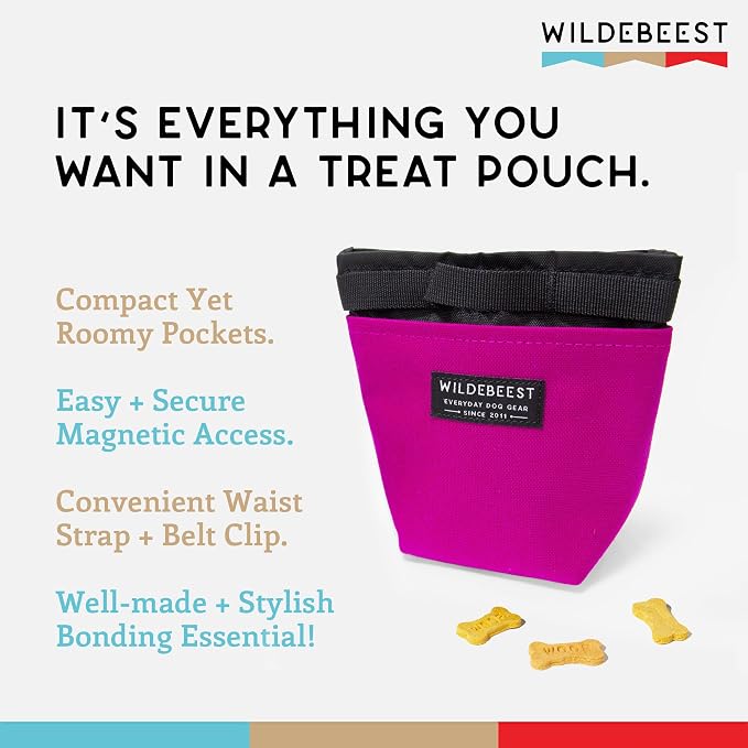 Wildebeest Dog Treat Pouch, Dog Treat Bag, Dog Training Treat Pouch, Dog Travel Bag, Pet Treat Pouch, Magnetic Closure, 2 Water-Resistant Compartments, Detachable Waist Strap & Belt Clip (Fuchsia)
