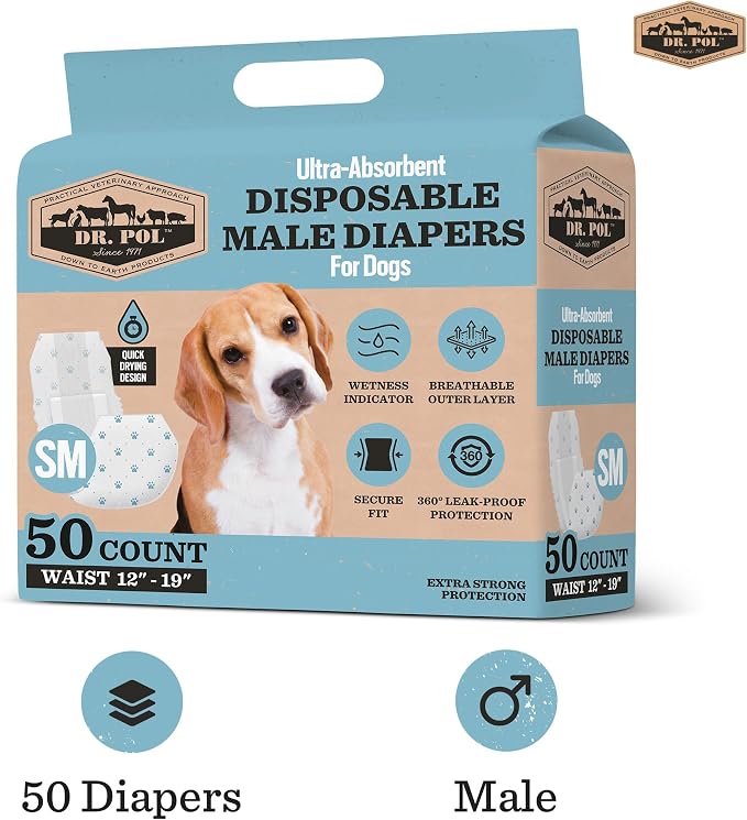 Dr Pol Dog Diapers for Male Dogs | Disposable Pet Diapers with Wetness Indicators | Adjustable Fit | Leak Protection & Super Absorbent | Perfect for Heat Cycles & Training Accidents | Pack of 50