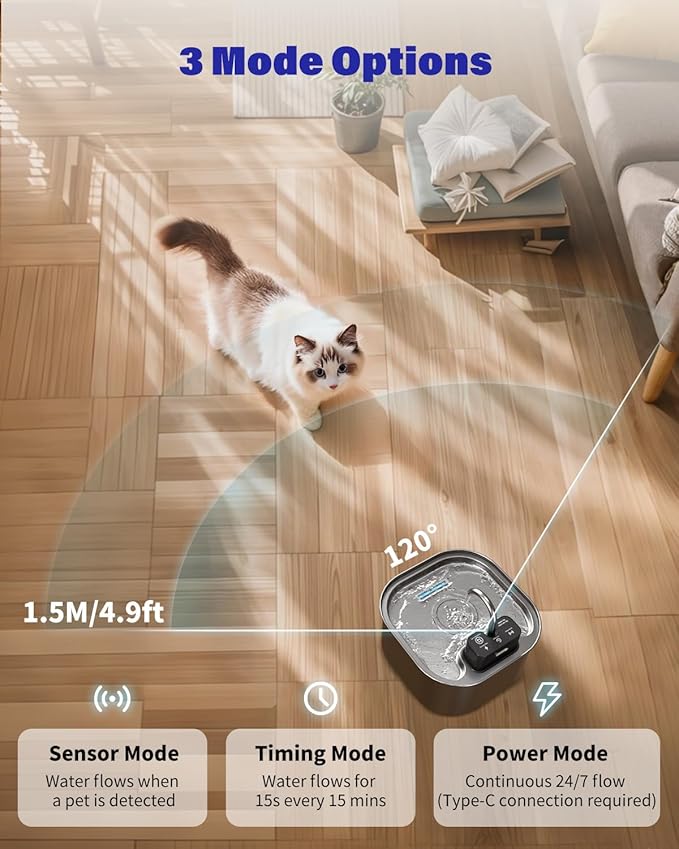 Lawfery Wireless Cat Water Fountain Stainless Steel with 4 Filters & 4 Sponges, 3.2L/108oz Battery Operated Pet Fountain, Cordless Pet Water Dispenser for Cats and Dogs