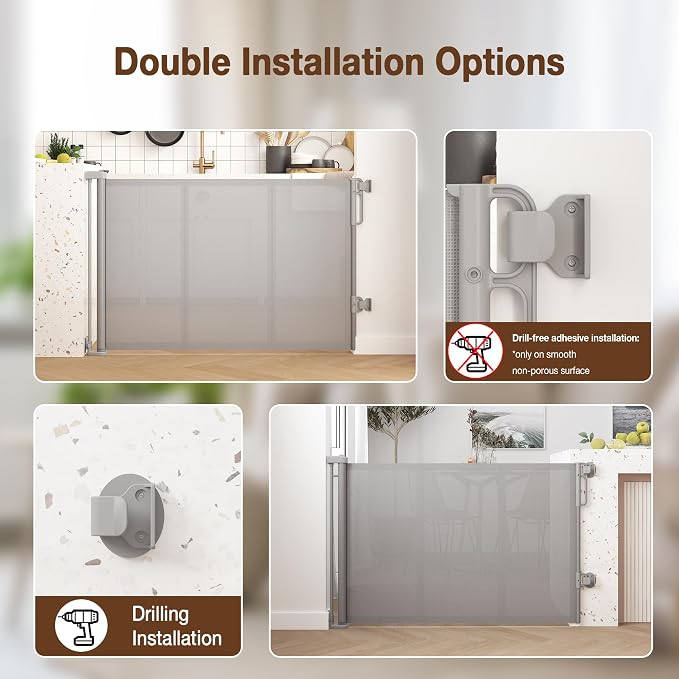 Upgraded 200 inch Retractable Baby Gates Extra Wide with Reinforced Strip Design to Prevent Crawling Through, 13 Foot Retractable Dog Gate, No Drilling, Retractable Gate for Indoor/Outdoor,Grey