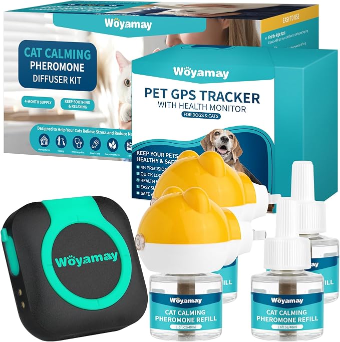 GPS Tracker for Dogs and Cats, No Monthly Fee & Cat Calming Diffuser 6-in-1 Includes Health Monitoring|E-Fence|Track Record|Location Sharing & Cat Pheromones Calming Diffuser for Anxiety Relief