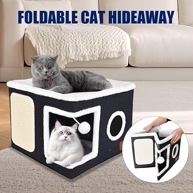 Cat Beds for Indoor Cats, Large Cat Cave Bed with Scratch Pad and Fluffy Ball, Foldable Cat Hideaway, Cat House with Reversible Cushion for Multi Small Pet Up to 30LBS, Dark Grey