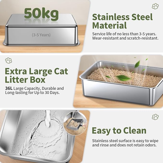 Gimars 3 in 1 High Sided Anti-Leakage Stainless Steel Cat Litter Box with Lid, Extra Large Enclosed Easy Cleaning Litter Box with Scoop, Front & Top Entry for Multiple Cats