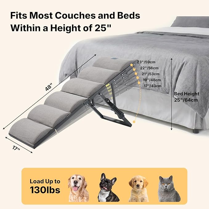 Veehoo Dog Ramp for Bed Couch for Small to Large Dog, Foldable Ramp for Dogs to Get on Bed 5 Adjustable Height from 17" to 23", Pet Cat Stairs Doggy Steps Non Slip with Metal Frame, Up to 130lbs