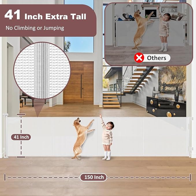 Reinforced 41" Tall Pet Gate 150" Extra Wide Retractable Dog Gate with Support Rods, Indoor Extra Long Baby Gates for Large Openings Outdoor Retractable Gate Baby Fence for Living Room, White