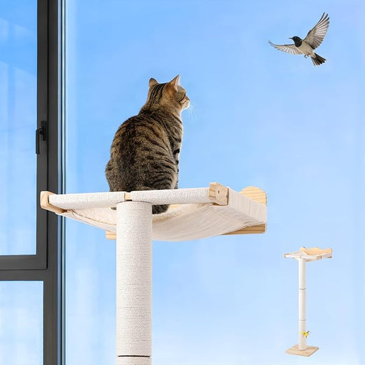 Keaber Cat Scratching Post with Window Perch, 44 Inch Adjustable Tall Sisal Rope Scratching Post for Large Cats, Suction Cup Cat Window Hammock Perch for Bird Watching, Climbing, Sleeping, Beige
