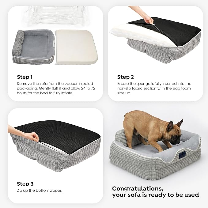 Veehoo Cute Dog Bed for Medium Dogs, Orthopedic Egg-Crate Foam Dog Bed with Sides, Removable Washable Cover & Waterproof Lining, Comfortable Pet Couch Pet Sofa Grey, 36"