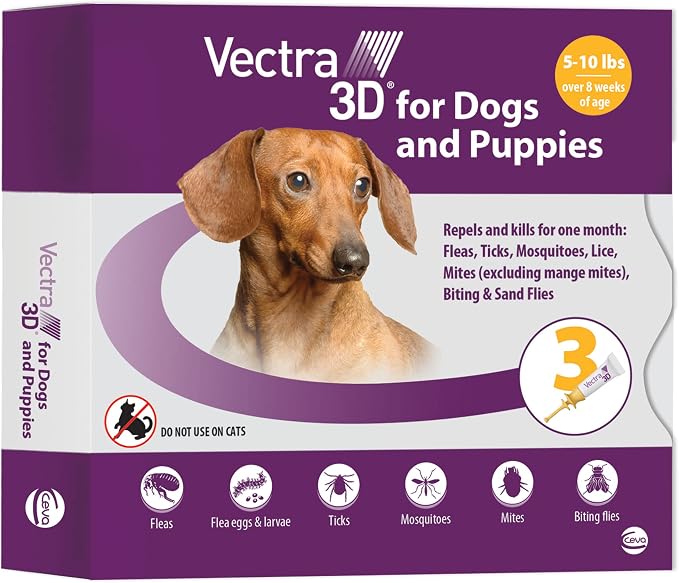 Vectra 3D Flea and Tick Prevention for Dogs, Kills and Repels Fleas, Ticks & Mosquitoes | Fast‑Acting, Waterproof, No Prescription Needed | Extra Small Dogs 5-10 lbs, 3‑Month Supply