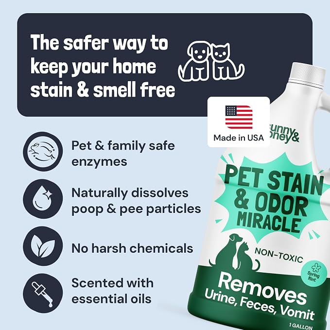 Sunny & Honey Pet Stain and Odor Remover - Enzyme Cleaner for Dog Urine and Poop on Carpets and Furniture - Strong Pet Carpet Cleaner Spray (1 Gallon Mint)