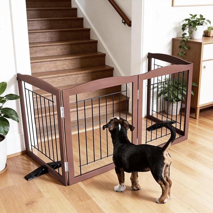 ZJSF Freestanding Dog Fence Indoor, Foldable Dog Gate for Doorways, Stairs or Hallways, Sturdy Wood Extra Wide Pet Gate with Support Feet for The House, Brown, 24 "Height-4 Panels