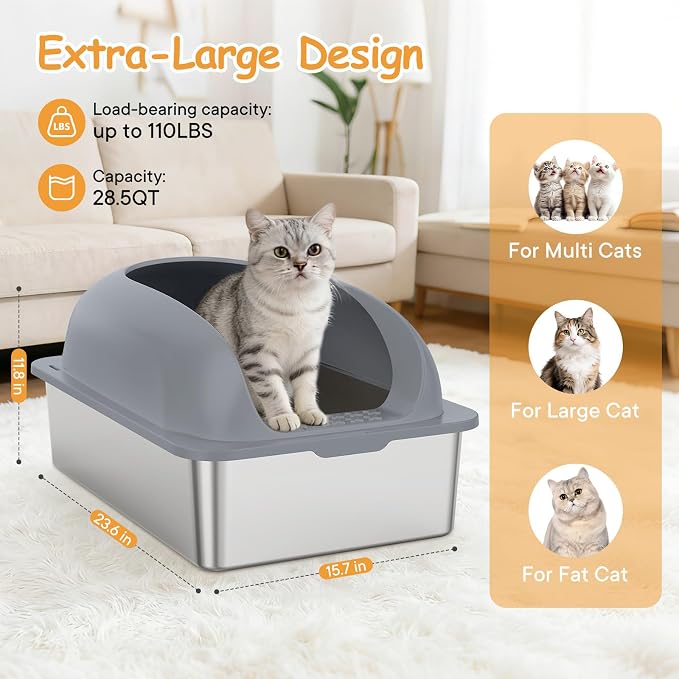 Extra Large Cat Litter Box with Lid, Stainless Steel Cat Litter Box with Scoop and Mat, High Walls for Anti-Urine Leakage, Easy Cleaning, Dark Gray