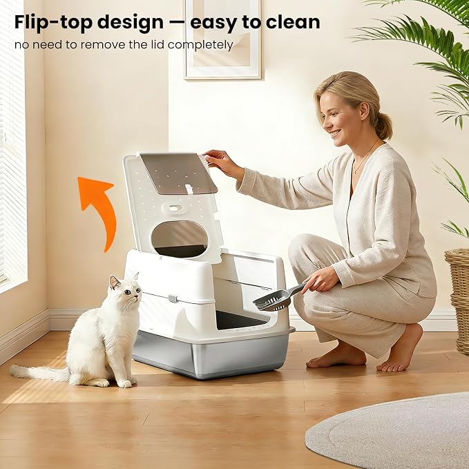 Extra Large Stainless Steel Cat Litter Box with 120° Lid for Multiple Cats, Enclosed Top Entry Litter Box High-Sided Anti-Leak Litter Box, Dog Proof Litter Boxes with Litter Step & Scoop