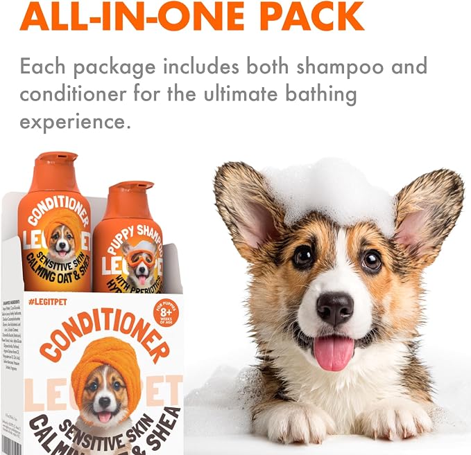 Puppy Shampoo and Conditioner Set Hypoallergenic, Tearless, pH Balanced Dog Shampoo for Puppies Oat Milk, Chamomile & Prebiotics Puppy Shampoo for Sensitive Skin Sulfate Free, Paraben Free 2×10 fl oz