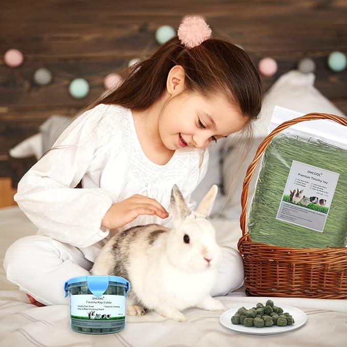 Timothy Hay Cubes 24 oz (4 * 6oz) -100% Natural Timothy Hay Made Pellets for Rabbits Tortoise Guinea Pig
