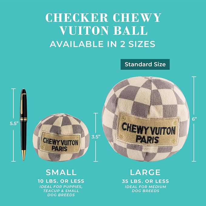 Haute Diggity Dog Chewy Vuiton Ball Plush Squeaky Dog Toy, Soft Durable Designer-Inspired Stuffed Puppy Chew Toys for Small & Medium Dogs, Machine-Washable (Tan Checker) Small