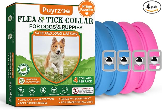 Puyrzoe Flea and Tick Prevention for Dogs Collar 4 Pack, Natural Flea Collar for Dogs 32-Month Full Protection, Adjustable Dog Tick Prevention for Puppy & Dog, Waterproof, 2 Pink & 2 Blue