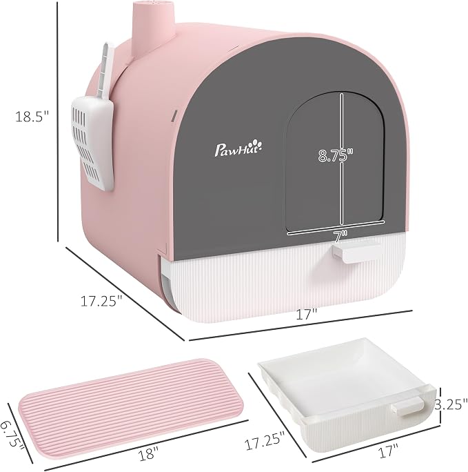 PawHut Cat Litter Box with Lid, Covered Litter Box for Indoor Cats with Tray, Scoop, Mat, Filter, 17" x 17" x 18.5", Pink