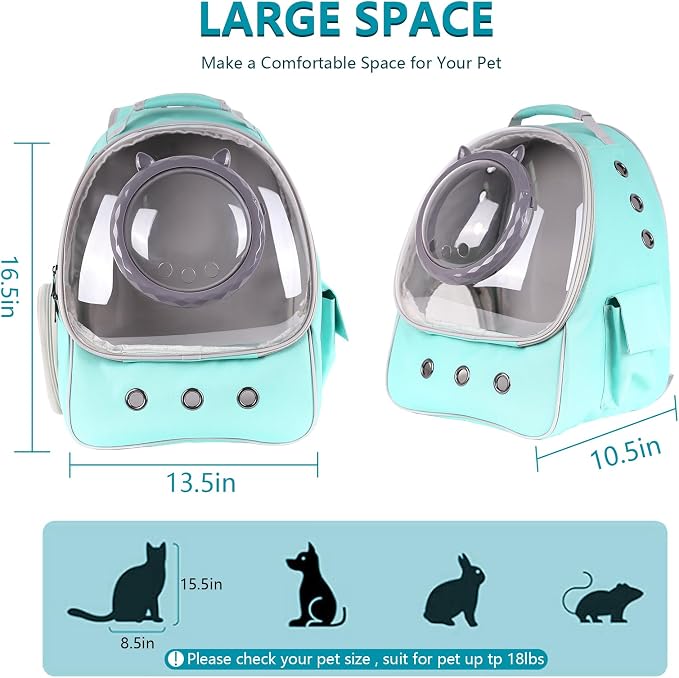 Green Cat Backpack,Cat Bubble Backpack, Cat Bag Carrier with Bubble Dome for Hiking, Travel, Outdoor Cycling,Airline Approved, Fit up to 18 lbs.