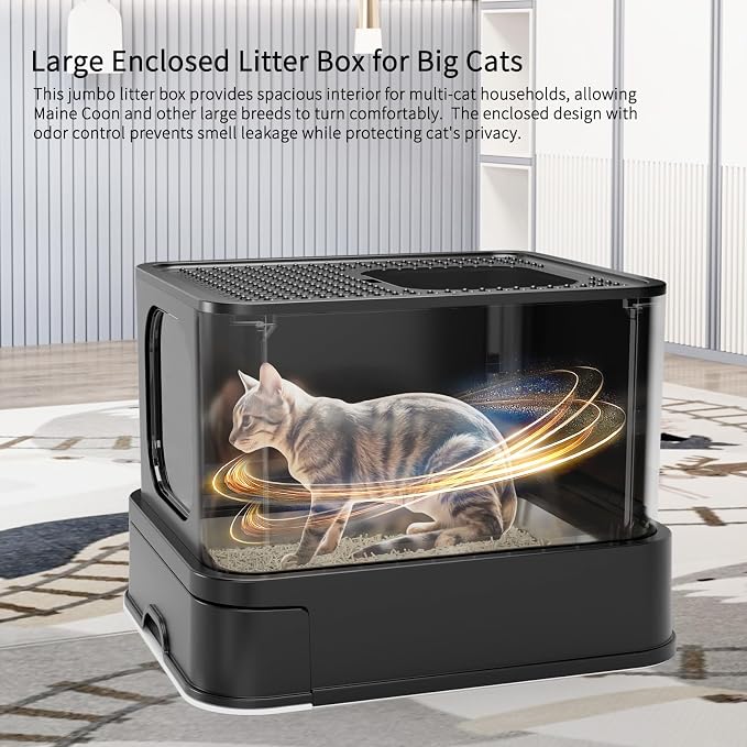 RIZZARI Stainless Steel Cat Box: All Black Large Capacity Enclosed Litter Pan with High Walls - Non-Stick Teflon Coating & Leak-Proof Drawer - Odor Control - Perfect for Living Room Balcony