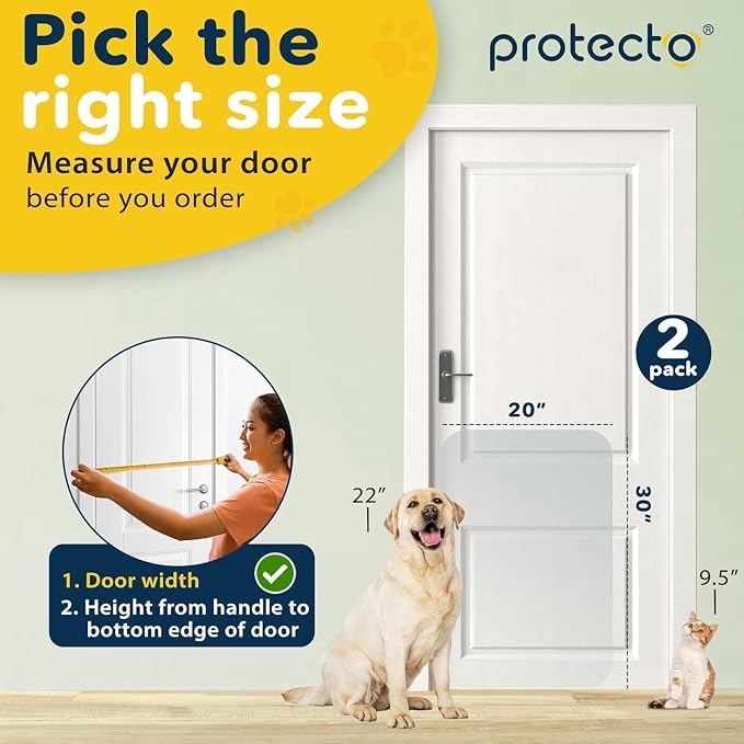 PROTECTO 2 Pack Heavy Duty Door Protector from Dog Scratching, 30 x 20” Clear Door Scratch Protector, Easy to Install on Window, Wall, Screen & Sliding Doors, Cat Scratch Guard for Indoors Outdoors