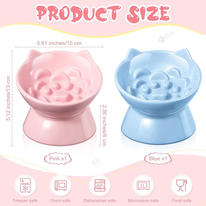 Funnymoom 2 Pcs Ceramic Raised Slow Feeder Cat Bowl, 5.91inch Elevated Cat Slow Feeder Bowl Tilted Anti Vomiting for Dry Wet Food and Water Easy to Clean High Edge(Pink, Blue)