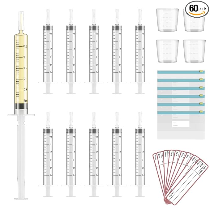60 Sets 3Ml Colostrum Collector Kit Include 60 3ml No Needle Sterile Syringes with Cap, 4 Measuring Cup, 6 Zip-lock Storage Bags, 60 Labels for Breast Milk Collector