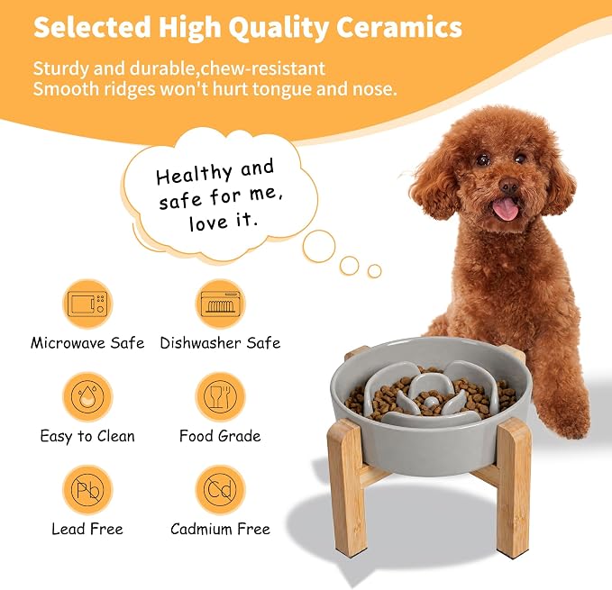 Elevated Slow Feeder Dog Bowl - Ceramic Maze Food Dish with Bamboo Stand - Raised Feeding Bowl for Fast Eaters Small and Medium Dogs - Grey