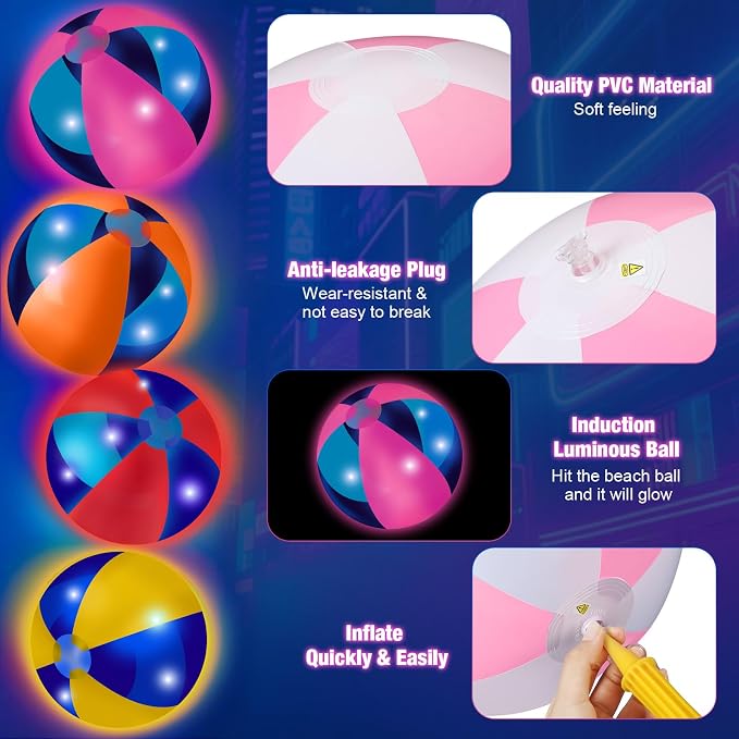 MiniInflat 12 Pcs Light up Beach Balls 16'' Jumbo Pool LED Balls Glow in the Dark Neon Giant Inflatable for Summer Hawaiian Tropical Theme Beach Party Decor Water Accessory (Mixed Color)
