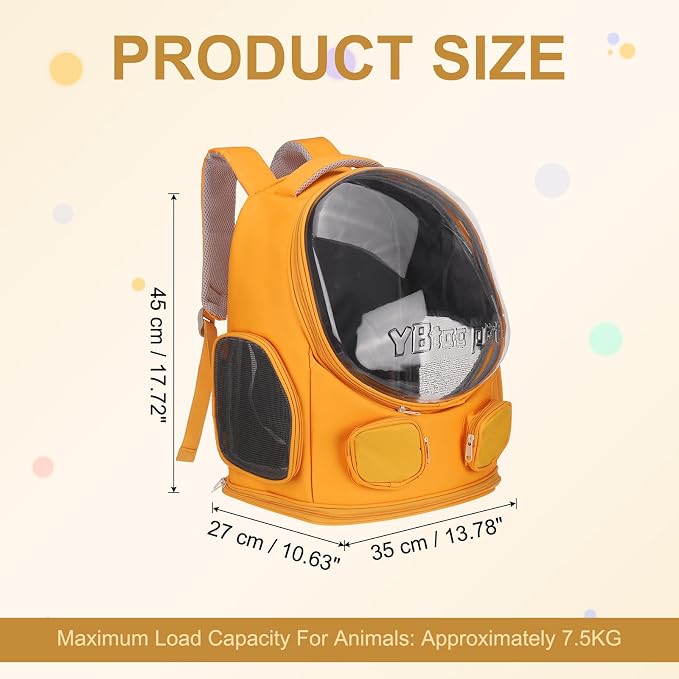 Pet Backpack Carrier, Portable and Ventilated, Oxford Cloth, Dog Cat Travel Bag with Transparent Cover 13.78", (Orange, 1 Pcs), Intended for Hiking/Camping/Traveling